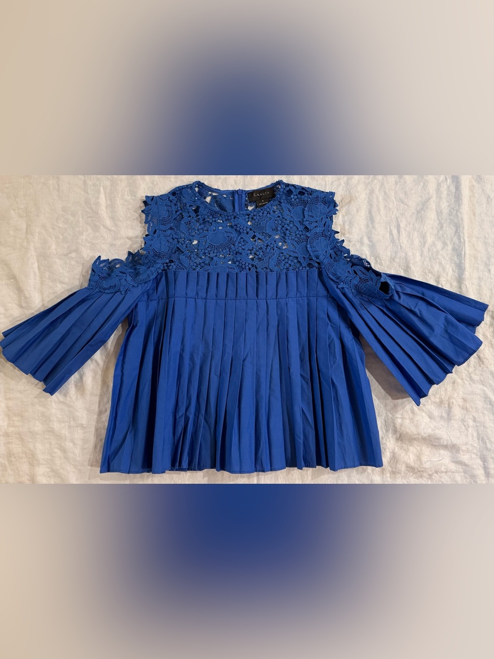 GRACIA Royal Blue Lace Pleated Cold Shoulder Blouse S
